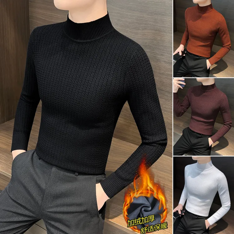 加绒针织半高领毛衣男款冬季爆款2025新款痞帅男装保暖男士打底衫