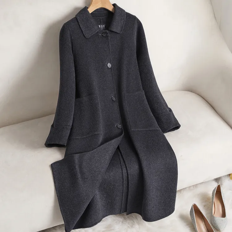 高级深灰色双面羊绒大衣女中长款2025秋冬新款气质修身羊毛呢外套