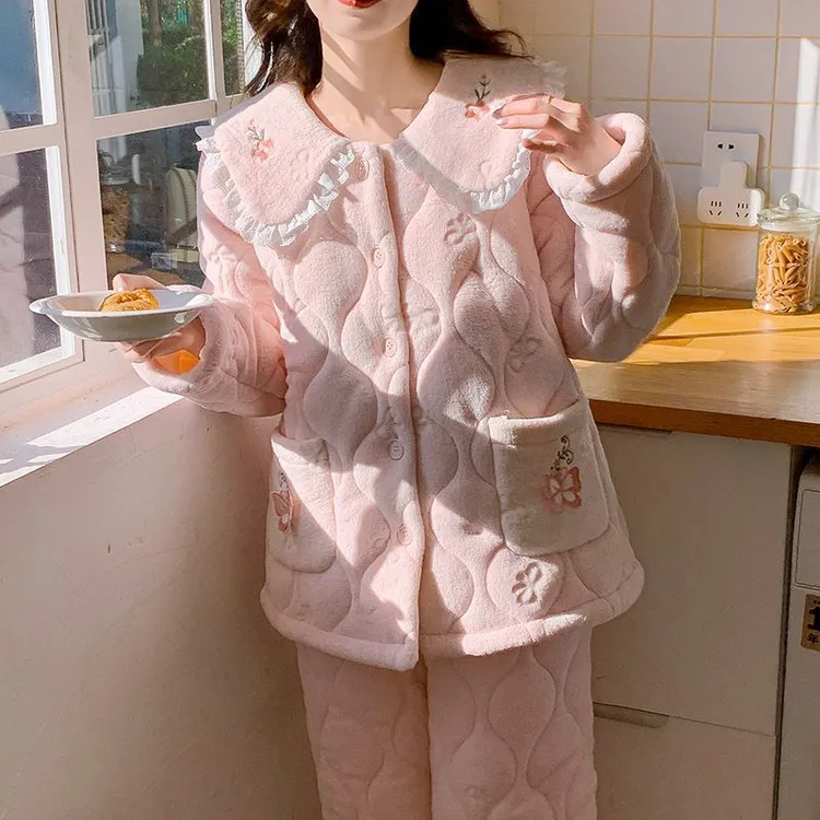 睡衣女特厚三层夹棉可外穿甜美珊瑚绒保暖开衫娃娃领冬季家居服