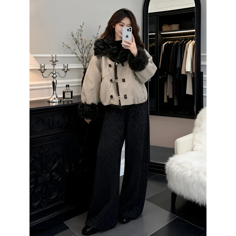 2025秋冬新款小个子百搭撞色拼接毛领保暖外套女洋气保暖时尚棉服