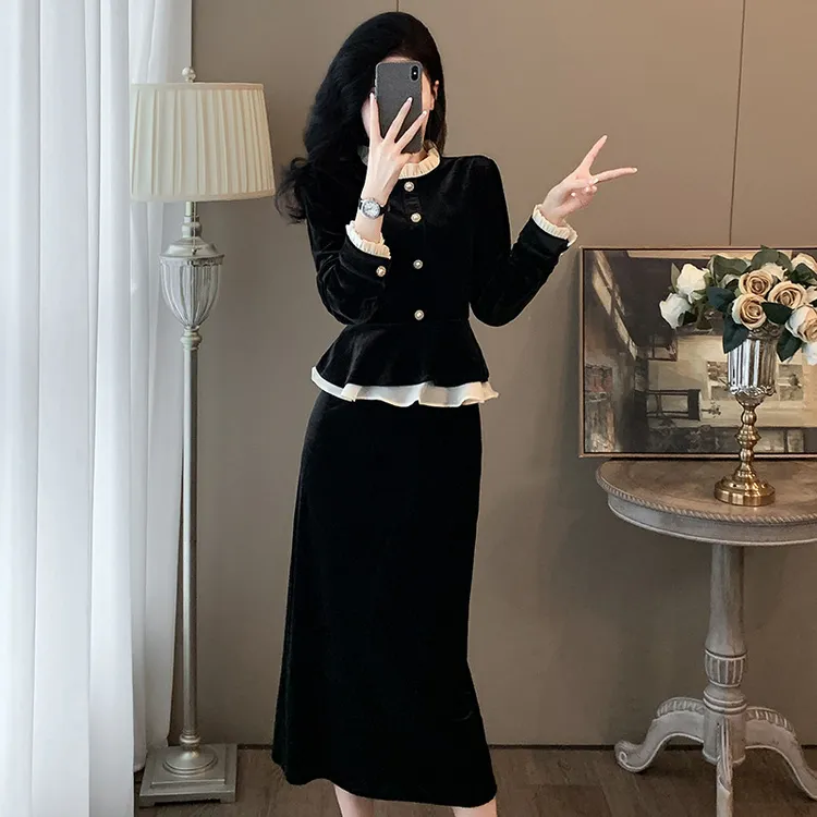 秋季装搭配一整套时髦洋派小香风黑色丝绒半身裙套装女高级感礼服
