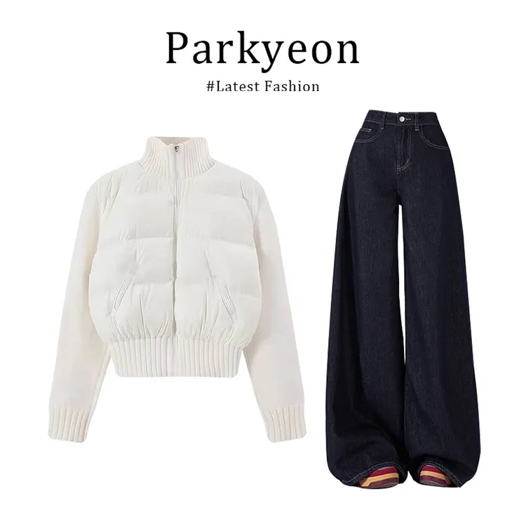 parkyeon韩系休闲气质棉服外套时尚爆款直筒牛仔裤两件套