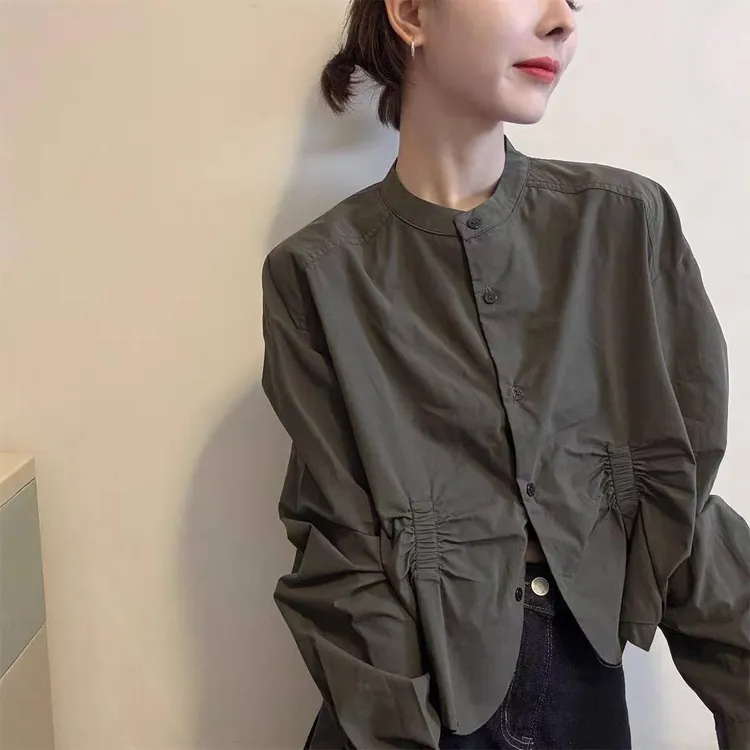 立领休闲衬衫女欧洲站2025秋季新款时尚极简风褶皱单排扣宽松衬衣