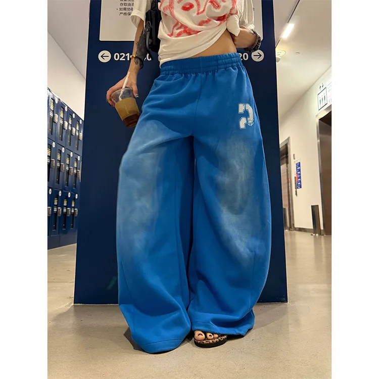 美式复古蓝色运动卫裤男女宽松垂感休闲长裤抽绳渐变弯刀阔腿裤子
