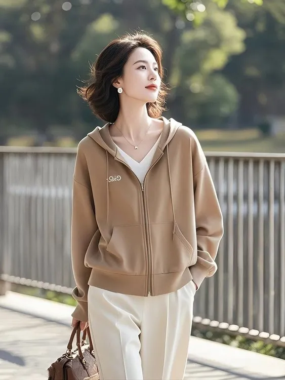 2025年流行的春装独特漂亮小个子百搭薄款卡其色连帽卫衣外套女装