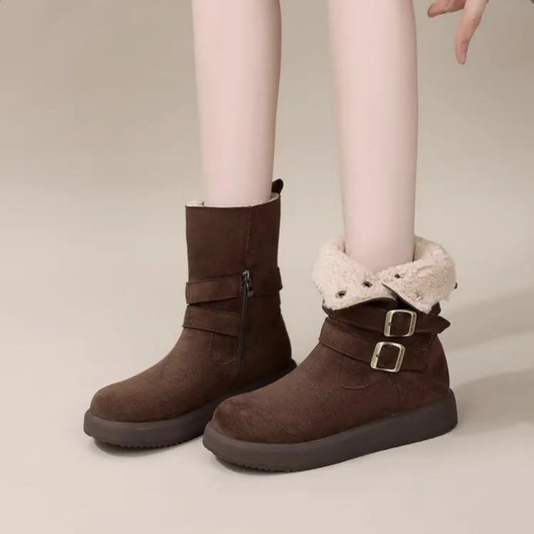 2025小众女鞋平底防滑时尚雪地靴靴子保暖冬季中帮加厚平跟休闲风