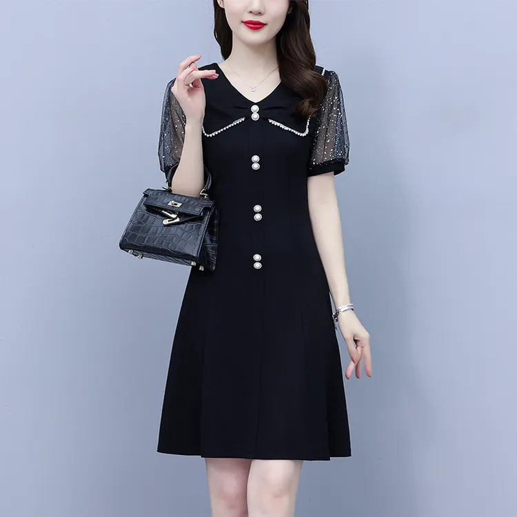 夏季新款韩版小个子妈妈时髦小黑裙洋气减龄修身显瘦连衣裙235818