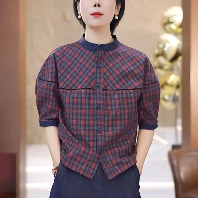 格子衬衫女士2025夏季洋气减龄休闲显瘦高级感特别致休闲立领上衣