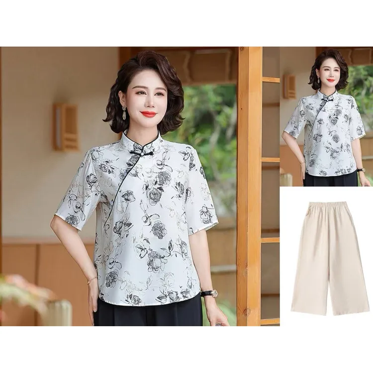 啄木鸟中国风妈妈夏装薄款小衫旗袍领气质上衣女中老年女装斜襟立
