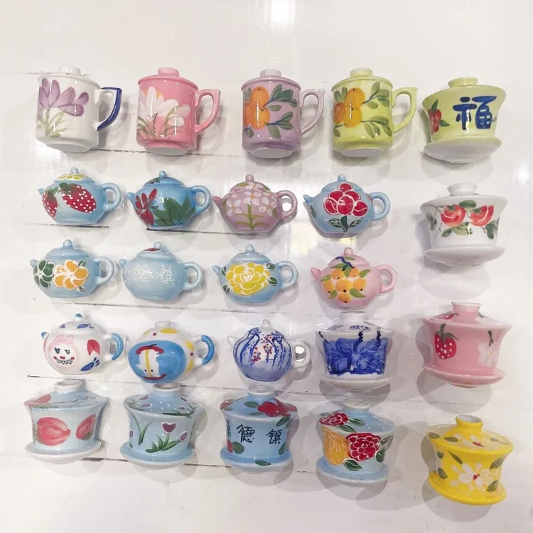 景德镇迷你陶瓷小壶盖碗冰箱贴磁贴个性创意中国风立体侧面装饰贴