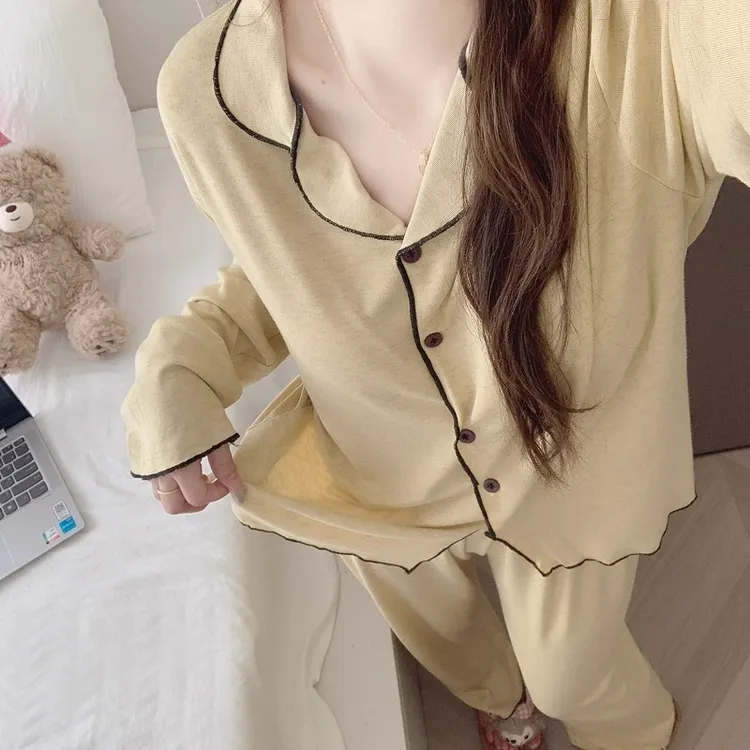 韩系慵懒风睡衣女2025新款春秋季人棉长袖带胸垫可外穿家居服套装