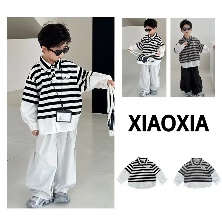 XXJ 2323 条纹拼白【条纹绅士】韩范潮薄假两件T恤