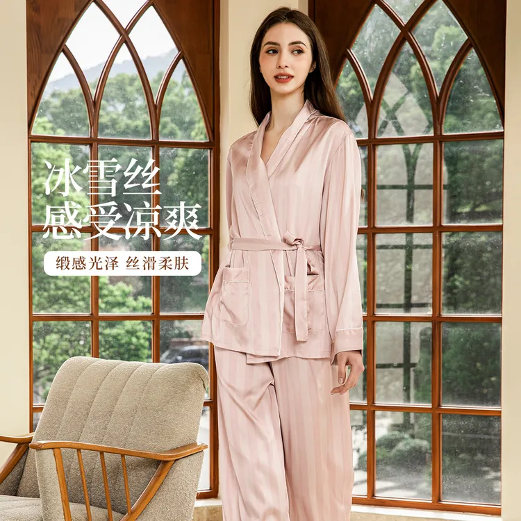 古今居家长裤V领长袖家居服夏秋女丝滑纯欲甜美睡衣031+SS1WT5598