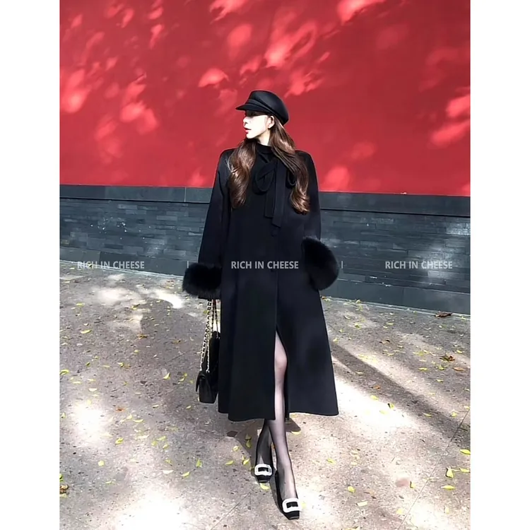 舒胡蕾 贵气千金 狐狸毛袖口100%绵羊毛冬季双面呢高级感毛呢外套