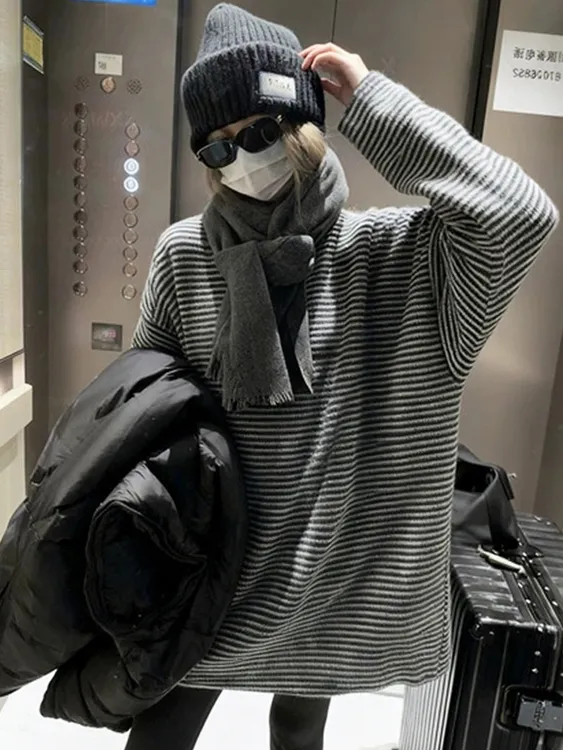 表层绒毛感！像一件粗针毛衣一样的加厚条纹T恤上衣女宽松显瘦韩系