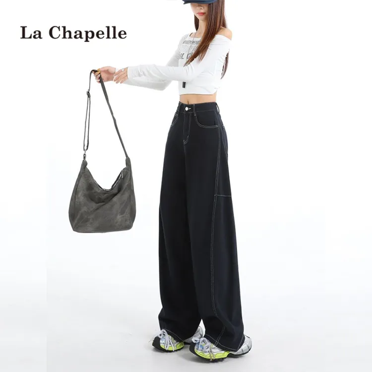 拉夏贝尔弯刀牛仔裤女春秋季2025年新款高腰宽松显瘦设计感阔腿裤