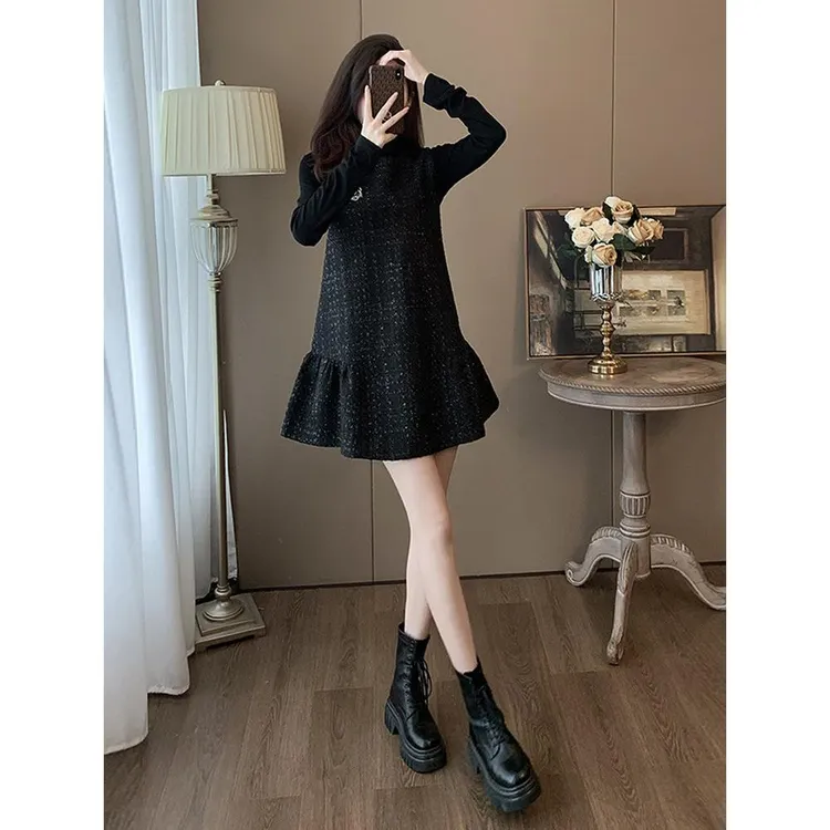 黑色小香风今年流行背心连衣裙女春秋款爆款小个子时尚裙子两件套