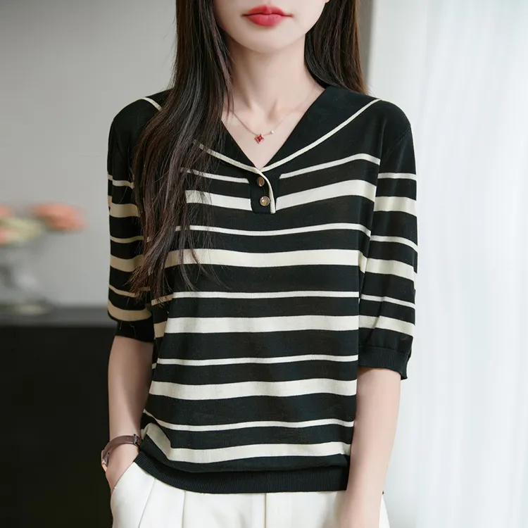 莱赛尔天丝海军领翻领条纹套头针织衫2025新款春夏打底短袖女