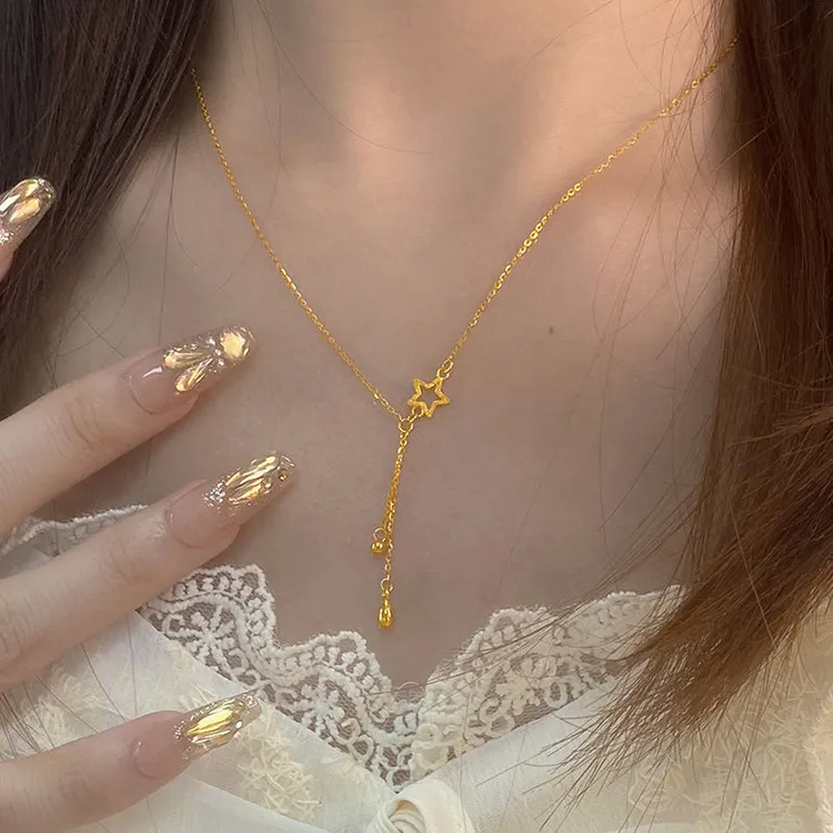 铜合金项链  2025新款黄金色星星水滴项链女金色吊坠金色锁骨套链