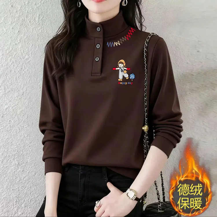 POLO衫加厚德绒保暖长袖打底衫女秋冬季新款韩版洋气宽松内搭上衣