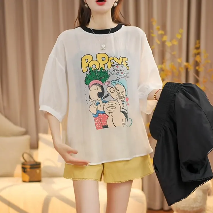 2025春夏新款撞色卡通印花蝙蝠袖宽松上衣女士五分袖T恤LK2504333