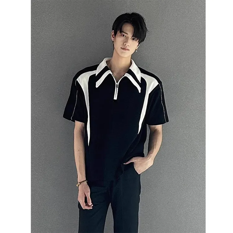 撞色拼接半拉链Polo衫短袖男款夏季设计感小众垫肩T恤潮牌半截袖