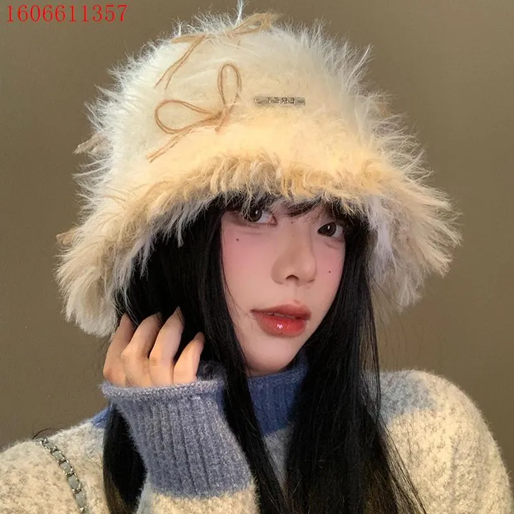 蝴蝶结毛绒针织帽女秋冬季韩系显脸小渔夫帽大头围保暖毛线帽子