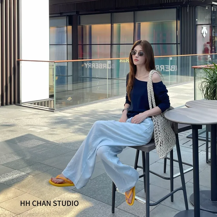HH.CHAN“牛奶蓝”定制亚麻浅蓝色直筒松紧腰长裤HH52S36339