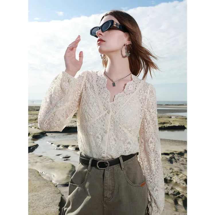 ibudu2025春季新款网纱绣花蕾丝衫V领短款小衫送吊带洋气浪漫女