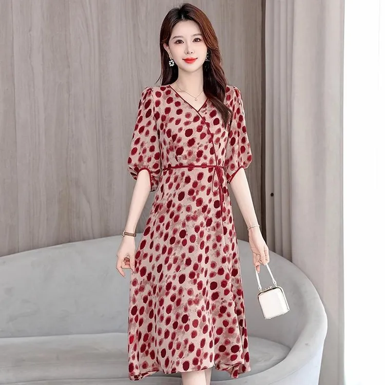 59682粉色原点夏季新款连衣裙碎花款修身显瘦时尚气质优雅百搭款