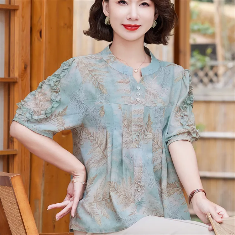 气质衬衫洋气时尚夏季宽松小衫夏装大码碎花妈妈装显瘦衬衣中年
