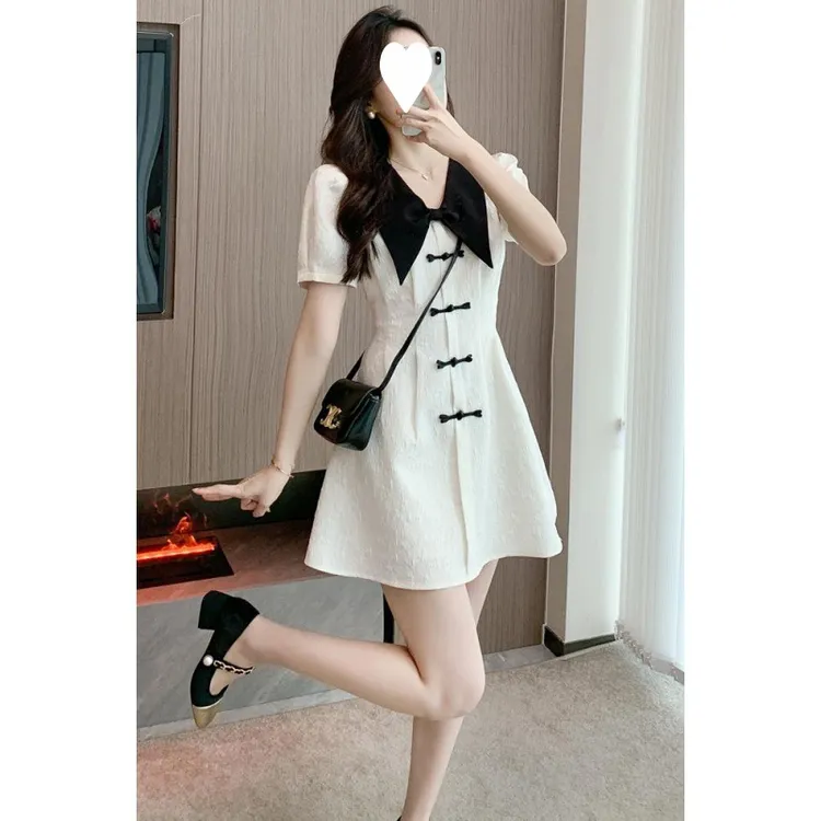 YH-63748大码女装娃娃领遮肚显瘦提花小香风新款法式V领连衣裙