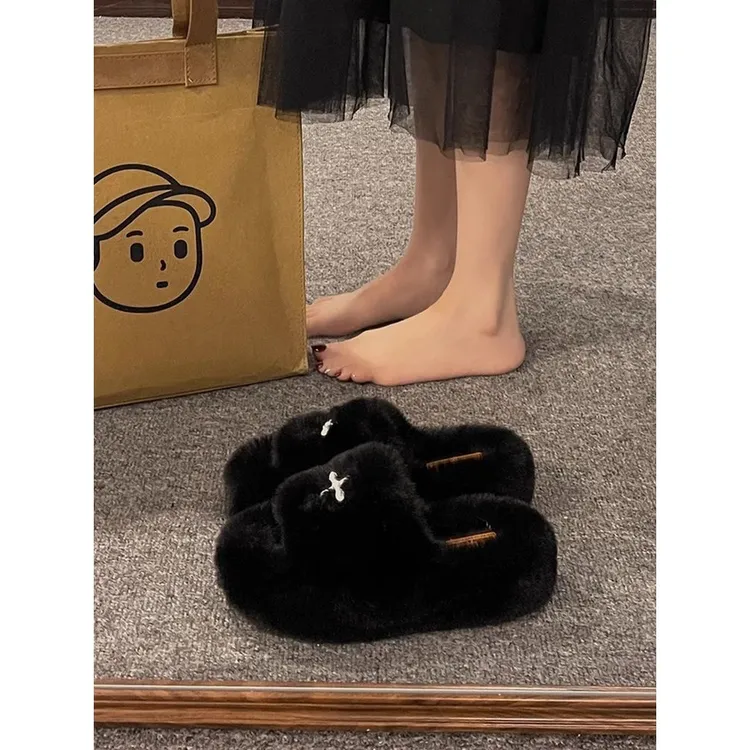 十字花毛毛拖鞋女外穿2025年秋冬新款厚底一字拖百搭网红爆款棉拖