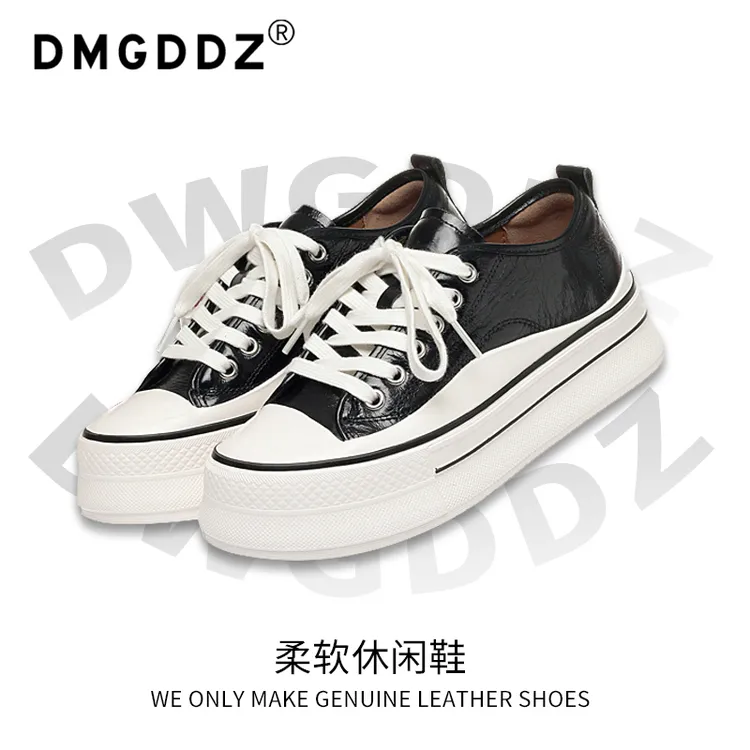 DM手工鞋增高厚底小皮鞋女新秋爆款高级时髦休闲百搭黑色松糕板鞋