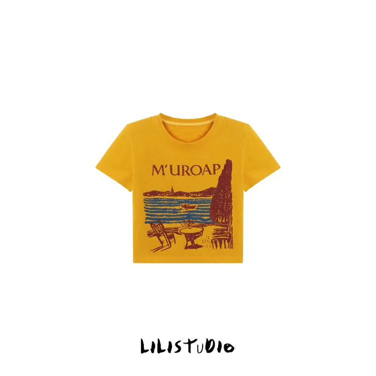 PCNY「沙滩画本」不理理夏季新款女装设计感时尚休闲印花圆领T恤