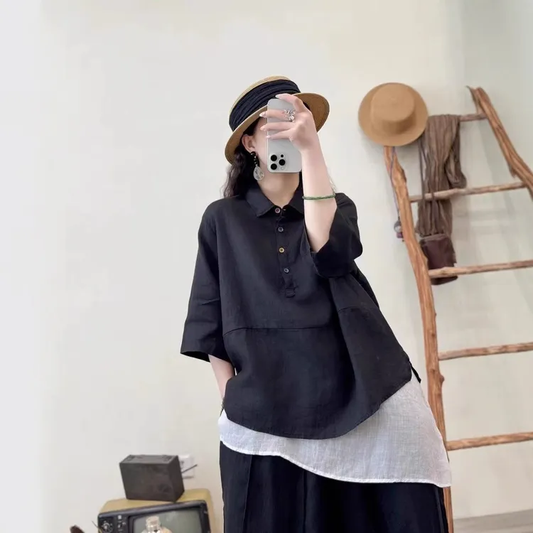 2025夏韩版宽松简约亚麻翻领半开门襟南瓜衬衣百搭