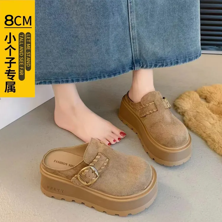 小个子厚底8cm包头拖鞋女乐增高软底日系穆勒勃肯鞋松糕单鞋秋季