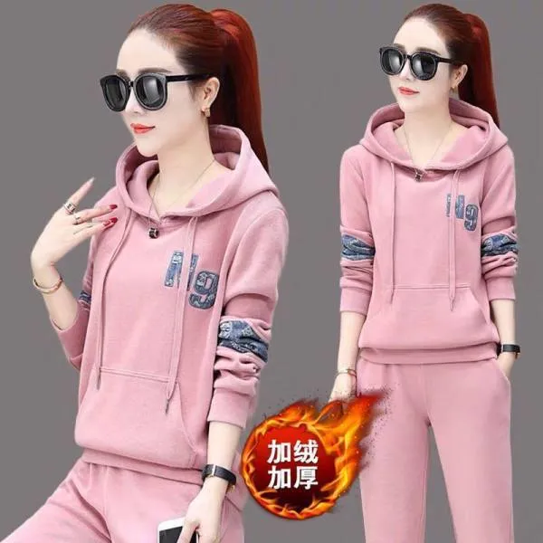 加绒特厚大码两件套网红款套装连帽卫衣宽松休闲显瘦运动套装