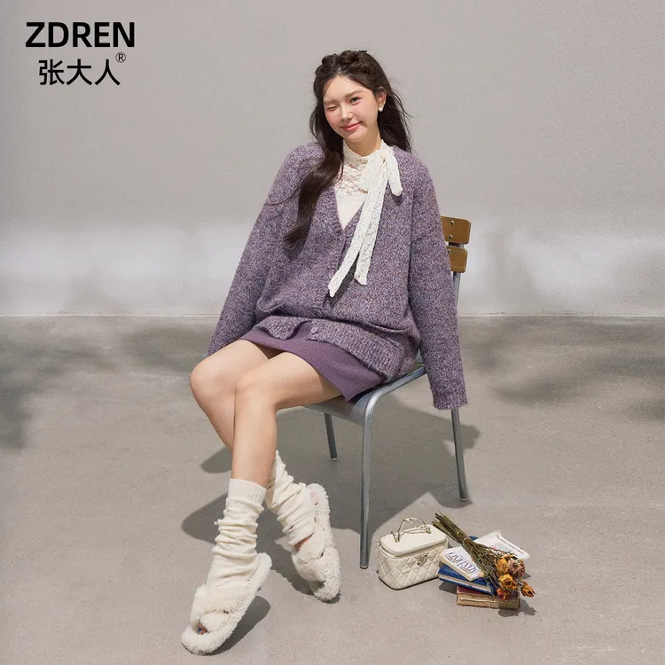 张大人【藤紫与春织】大码女装微胖妹妹蕾丝系带内搭香芋紫针织开衫