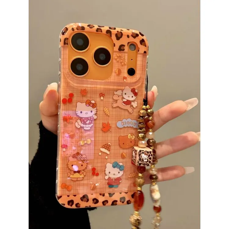 秋日棕格豹纹拼接枫叶骑马猫咪适用iphone17promax苹果16手机壳15