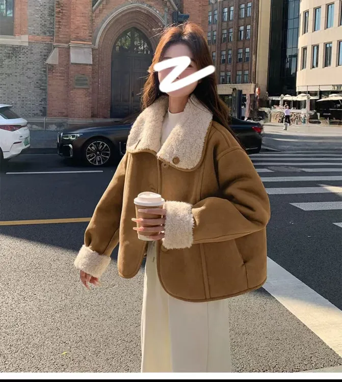 P新款百搭外套冬季加绒加厚毛毛外套短款时尚休闲宽松两面穿