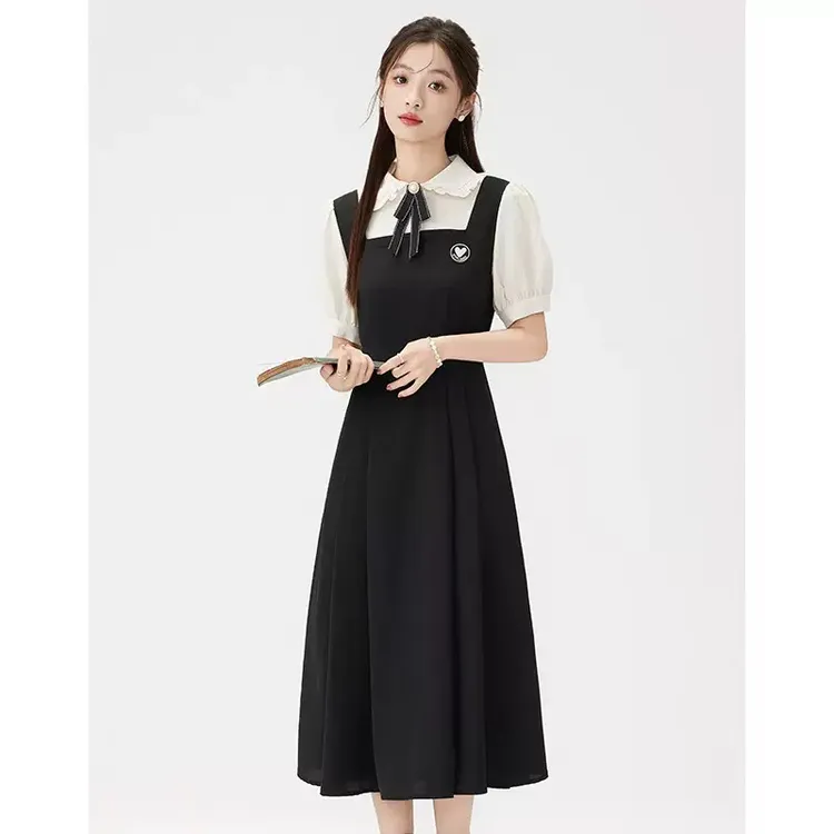 少女初中学生学院风法式裙子高中大学生面试合唱表演假两件连衣裙