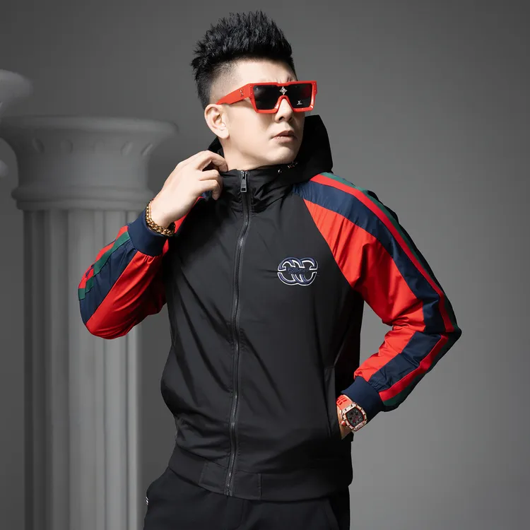 NDSL轻奢欧货高端连帽红黑拼接防风外套男秋季新款潮牌休闲夹克