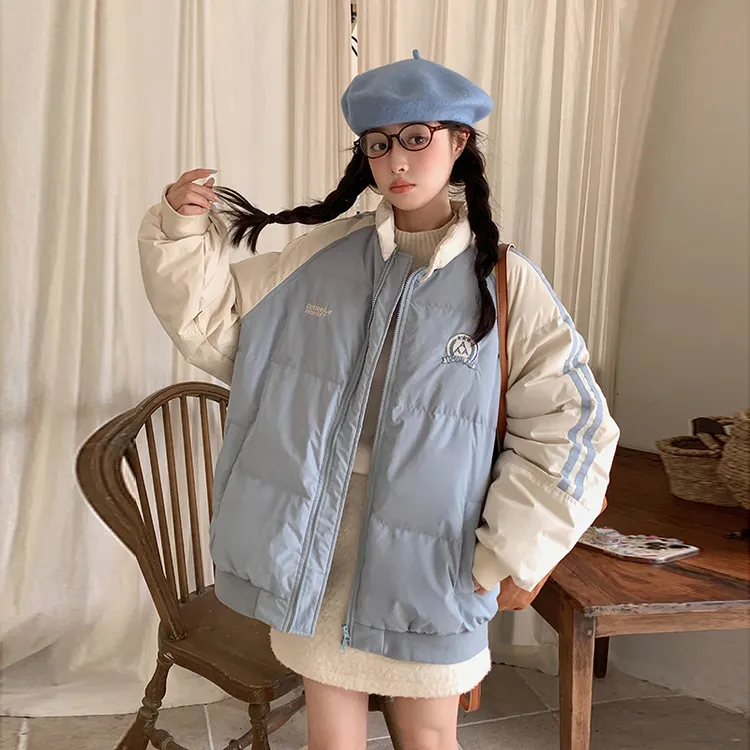 美式复古撞色棉服女2025年新款冬季小个子保暖立领棒球服情侣外套