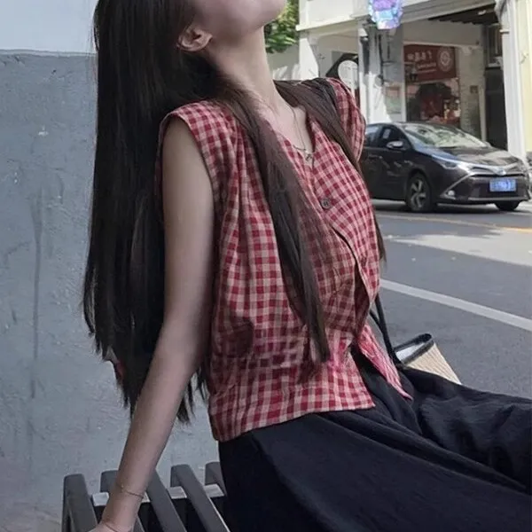 复古格子背心显瘦无袖衬衫女设计感小众夏季时尚外穿新款掐腰休闲