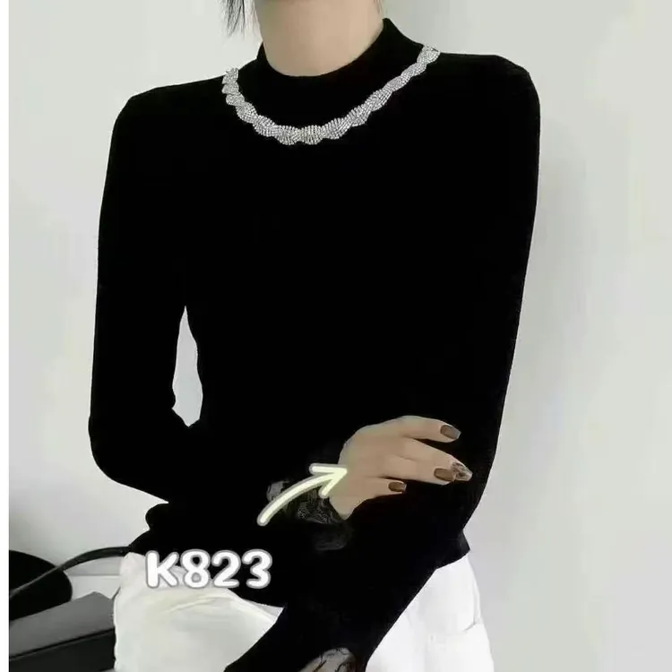 中领打底衫-099纯针织衫拼接钻领显瘦百搭时尚款