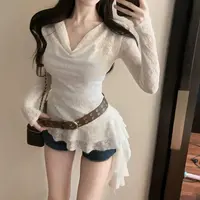 大码女装2538不规则荡领斜肩长袖t恤收腰上衣蕾丝巨好看绝美