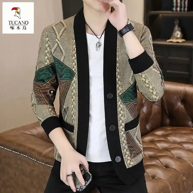 啄木鸟高档欧货潮流印花开衫外套男士秋季时尚休闲帅气上衣品质男