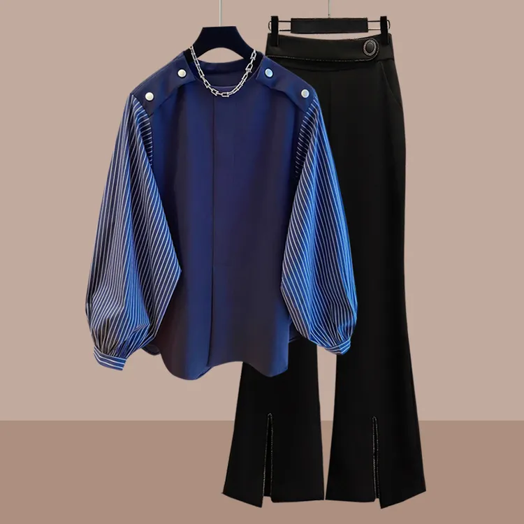 大码女装2025早秋新款胖mm韩系减龄条纹拼接卫衣阔腿裤巨遮肚套装