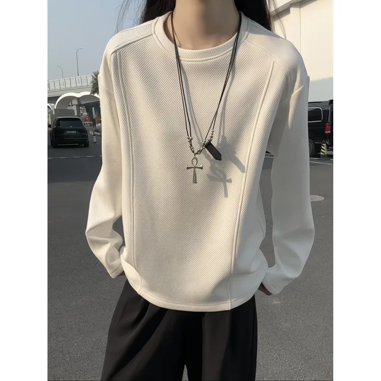 480g重磅结构玉米格长袖T恤男款加绒cleanfit卫衣秋冬休闲打底衫